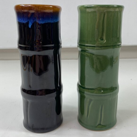 Libbey Ceramic Set 2 Tiki Tall Volcano Drip Bamboo Style Cocktail Tumbler Black - Picture 1 of 13